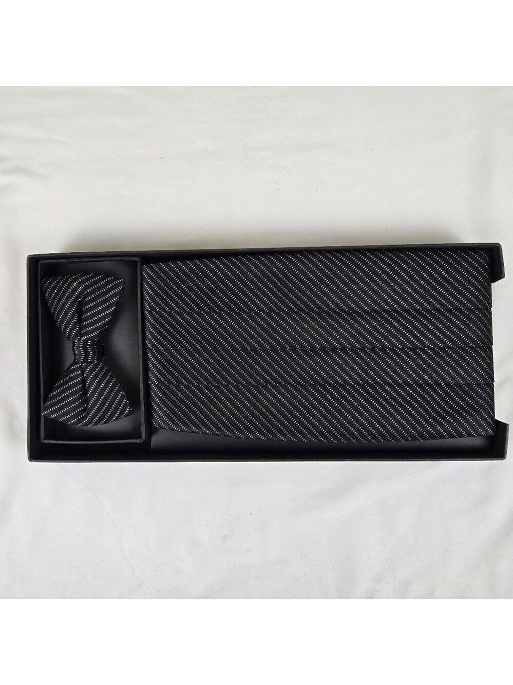 Bruno Piattelli Black and Silver Diagonal Striped Bow Tie and Pleated Cummerbund